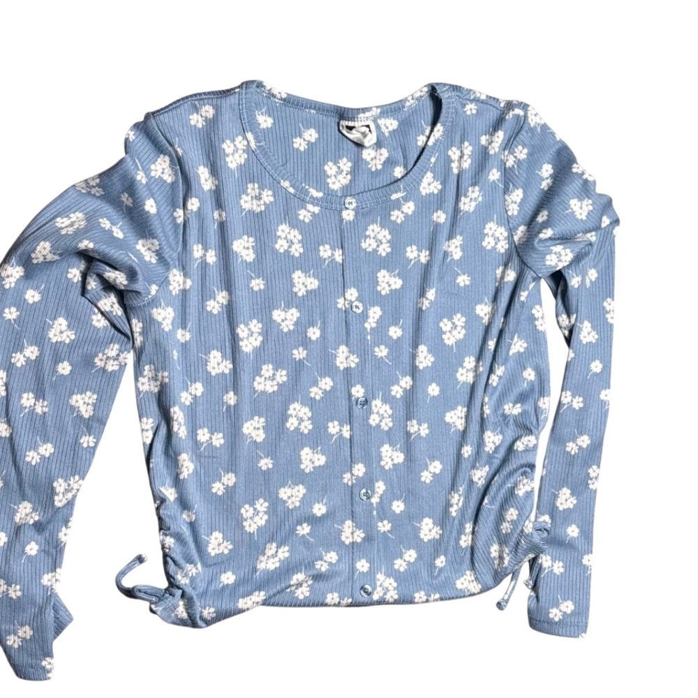 Justice Long Sleeve Top Blue Floral Ribbed Cinched Side Cottagecore Girls 14/16